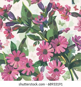 Excellent Beautiful flower seamless pattern, vector illustration texture with butterflies.