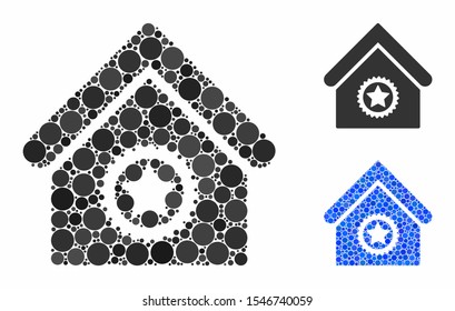 Excellent building mosaic of small circles in different sizes and color tinges, based on excellent building icon. Vector filled circles are combined into blue mosaic.