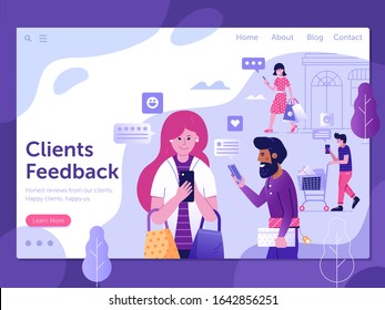 Excellent client service landing page template for internet advertising. Happy clients sharing positive feedback web banner. Customer satisfaction experience concept with people writing good reviews.