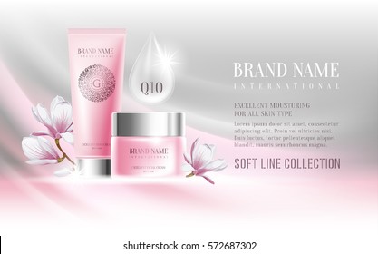 Excellent cosmetic ads, facial cream and hand cream. For announcement sale or promotion new product. Pink cream bottles on soft background with glitters and flowers magnolia. Vector illustration.