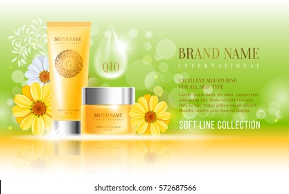 Excellent cosmetic ads, facial cream and hand cream. For announcement sale or promotion new product. Yellow cream bottles on soft background with glitters and flowers chamomile. Vector illustration.