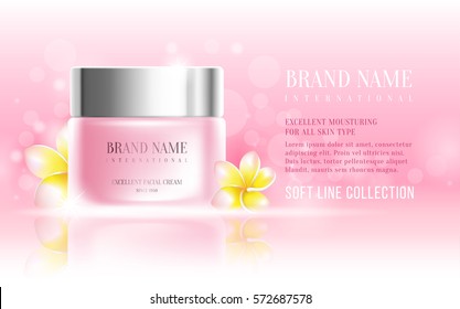 Excellent cosmetic ads, facial cream. For announcement sale or promotion new product. Pink cream bottles on soft background with glitter particles and flowers. Vector illustration.