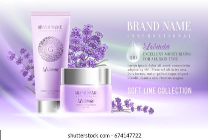 Excellent cosmetic ads, facial cream and hand cream. For announcement sale or promotion new product. Realistic ream bottles on soft background with lavender flowers. Vector illustration.