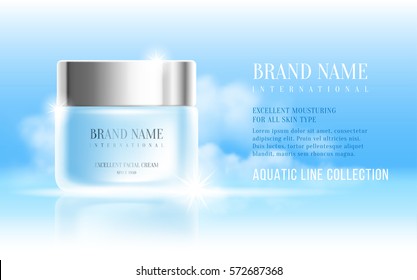 Excellent cosmetic ads, facial hydrating cream. For announcement sale or promotion new product. Blue cream bottles on soft background with clouds on sky. Vector illustration.