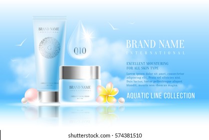 Excellent cosmetic ads, facial hydrating cream and hand cream. For announcement sale or promotion new product. Blue cream bottles on soft background with clouds on sky. Vector illustration.