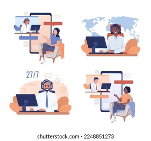 Excellent customer service 2D vector isolated illustration set. Flat characters on cartoon background. Colorful editable scene pack for mobile, website, presentation. Oswald Regular font used