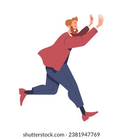 Excellent dismissal concept. Man in business red clothes. Young guy run from work. Office scene. Template and layout. Cartoon flat vector illustration isolated on white background