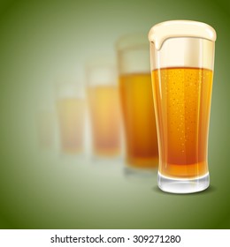 Excellent glass of lager beer with foam on blurred green background. Realistic vector.