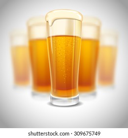 Excellent glass of lager beer with foam on blurred background. Realistic vector.