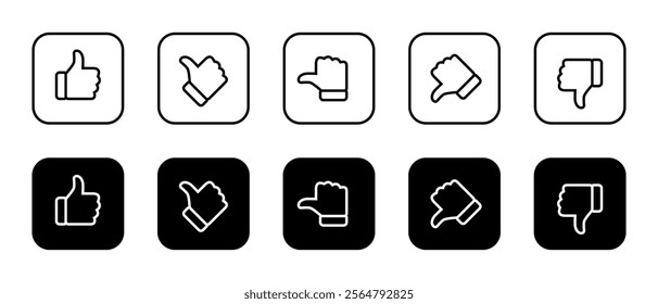 Excellent, good, average, poor, and bad thumb outline icon on black square