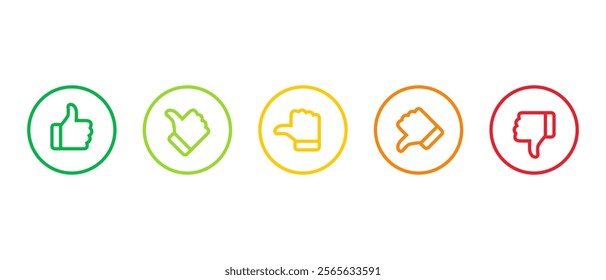Excellent, good, average, poor, and bad thumb outline icon on circle line