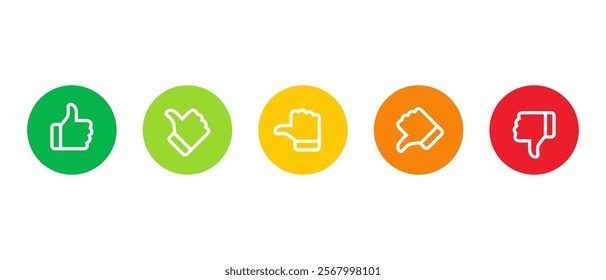Excellent, good, average, poor, and bad thumb outline icon on circle background