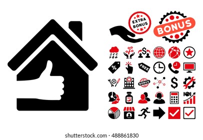 Excellent House icon with bonus design elements. Vector illustration style is flat iconic bicolor symbols, intensive red and black colors, white background.