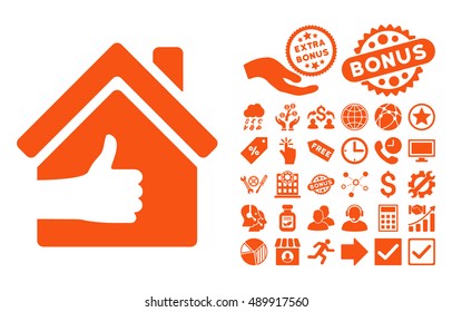 Excellent House icon with bonus pictures. Vector illustration style is flat iconic symbols, orange color, white background.