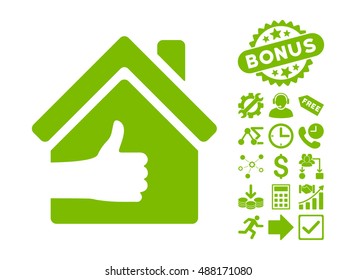 Excellent House icon with bonus icon set. Vector illustration style is flat iconic symbols, eco green color, white background.