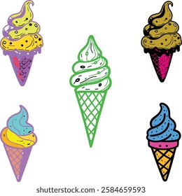Excellent Ice cream, Vector illustrations of ice cream in various forms including cones, popsicle, and cup. Editable stroke.