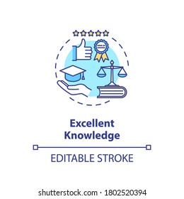 Excelente icono de concepto de conocimiento. Escuela de jurisprudencia. Departamento de la Facultad de Derecho. Ilustración delgada de la idea de educación jurídica académica. Dibujo de color RGB con contorno aislado del vector. Trazo editable