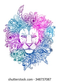 Excellent lion graphic style with patterned mane and herbal ethnic ornaments. Dotwork