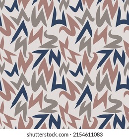 Excellent motley seamless pattern. Zigzag-shaped multi-colored stripes are randomly located on a light background. Vector.