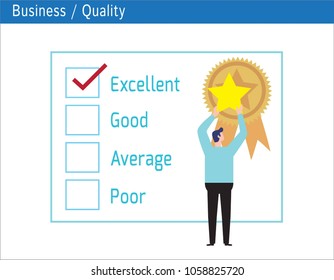 Excelente concepto de etiquetas de primera calidad.Marque la casilla de verificación.Trabajo de calidad, revisión positiva, calificación de estrella,Comentarios, sistema de evaluación, estrella doradaDiseño de ilustración vectorial de banner.