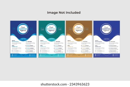 Excellent professional corporate flyer. Abstract shapes with four color blue, sea green, golden and purple layout template.
