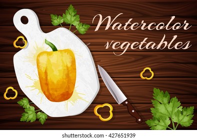 Excellent quality watercolor, pepper and parsley on a wooden background, watercolor drops. Background of dark wooden planks