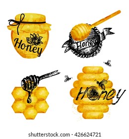 Excellent quality watercolor texture. Set of icons on a theme watercolor honey. Drawings ink, watercolor drawing.