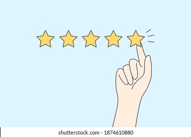 Excellent rating, perfect service and customer feedback concept. Hyman hand showing five star excellent rating with client experience on blue background vector illustration 