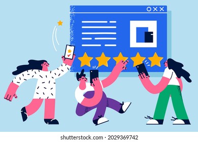 Excellent rating and reputation concept. Group of young people with smartphones putting excellent five star rating of company or web page together vector illustration 