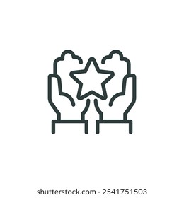 Excellent result, get reward, grade quality outline icon. Line sign human hands holding-hugging star symbol. Vector isolated pictograms for web on white background editable stroke.