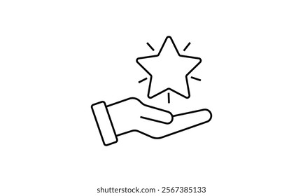 Excellent result outline icon, grade quality, get reward, Line sign human hand holding-hugging shining star symbol.