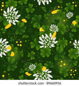 Excellent seamless pattern with clover leaves and flowers