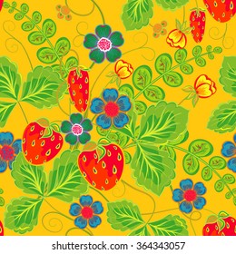 Excellent seamless pattern with hand drawing orange red strawberry, blue flowers and green leaves on yellow background