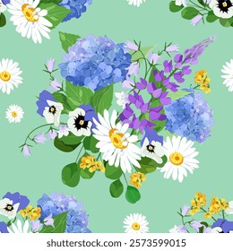 Excellent seamless pattern with hydrangea, lupine, chamomile and pansies on green background. For decoration textile, packaging. Vector illustration.