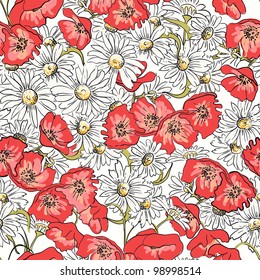 Excellent seamless pattern with poppies and camomiles