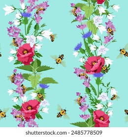 Excellent seamless pattern with poppies, campanula, lavender, and bees on blue background. For decoration textile, packaging. Vector illustration.