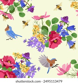 Excellent seamless pattern with poppies, campanula, lavender, birds and bees. For decoration textile, packaging. Vector illustration.