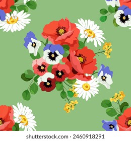 Excellent seamless pattern with poppies, chamomile and pansies on green background. For decoration textile, packaging. Vector illustration.