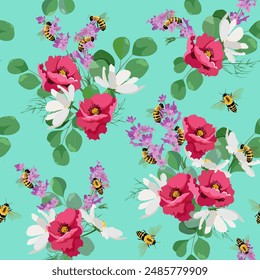 Excelente patrón sin fisuras con amapolas, manzanilla, lavanda y abejas sobre fondo turquesa. Para la decoración textil, embalaje. Ilustración vectorial.