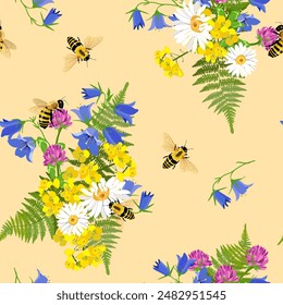 Excellent seamless pattern with red clover, daisies, campanula and insects illustration on a beige background. For decoration textile, packaging.