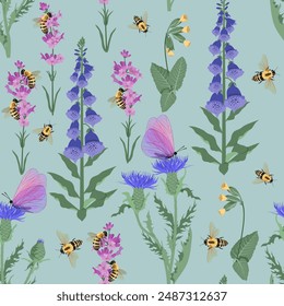 Excellent seamless pattern with thistle, lavender, digitalis, butterflies and bees on gray background. For decoration textile, packaging. Vector illustration.