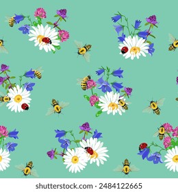 Excellent seamless pattern with wild flowers and insects illustration on a turquoise background. For decoration textile, packaging.