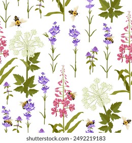 Excellent seamless pattern with wild flowers and bees on white background. For decoration textile, packaging. Vector illustration.