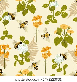 Excellent seamless pattern with wild flowers and bees on a beige background. For decoration textile, packaging.