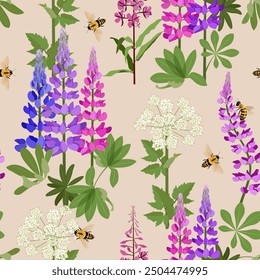 Excelente patrón transparente con flores silvestres y abejas sobre fondo beige. Para decoración textil, embalaje. Ilustración vectorial.