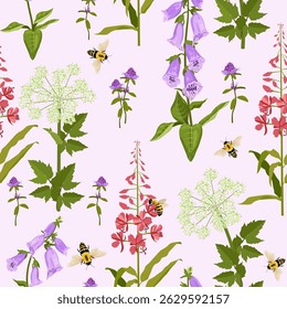 Excelente padrão sem costura com flores selvagens e abelhas. Para decoração têxtil, embalagem. Ilustração vetorial.