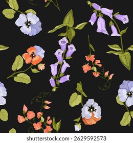 Excelente padrão sem emenda com flores silvestres em um fundo preto. Para decoração de têxteis, embalagem.