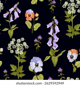 Excelente padrão sem emenda com flores silvestres em um fundo preto. Para decoração têxtil, embalagem. Ilustração vetorial.