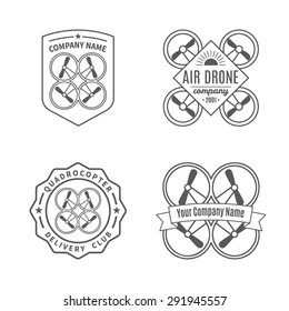 Excellent set of modern vector line icons with air drones on isolated background. Could be used as emblem or logo for company, club or event.