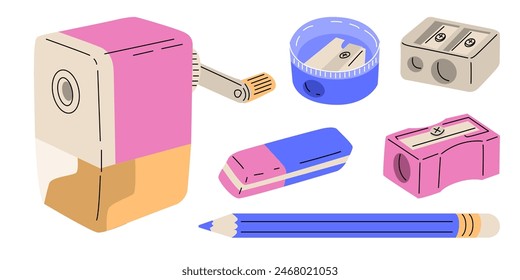 An excellent set for a schoolchild: an eraser, a sharpener and a pencil. Convenient and reliable school supplies for successful studies. Vector illustration isolated on transparent background.